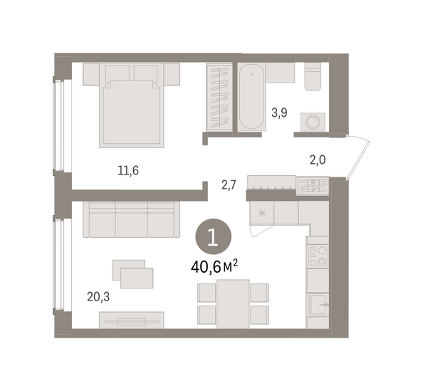 Планировка 1-комн 40,55 м²