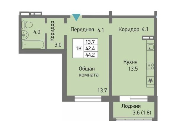 Планировка 1-комн 44, 44,2 м²