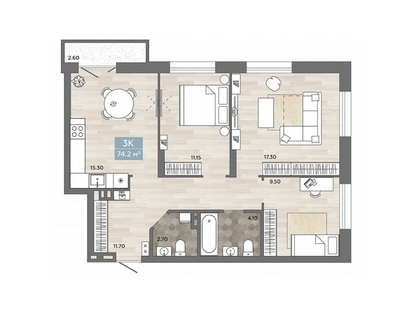 Планировка 3-комн 73,75, 73,8 м²