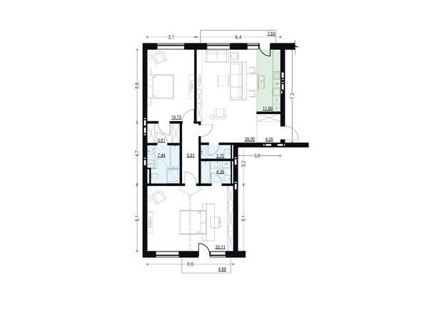 Планировка трехкомнатной квартиры 121,16 кв.м