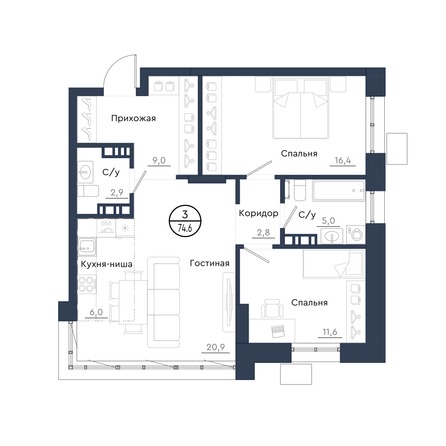 Планировка 3-комн 74,6 м²