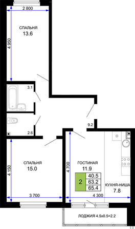 Планировка 2-комн 65,4 м²