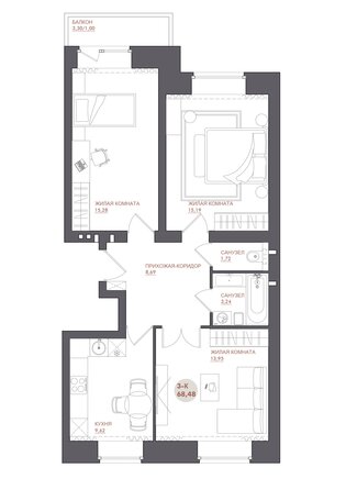 Планировка 3-комн 68,48 м²