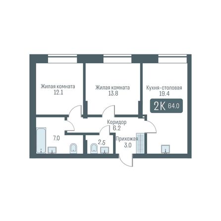 Планировка 2-комн 64 м²
