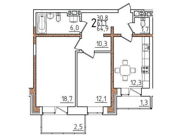 Планировка двухкомнатной квартиры 64,9 кв.м