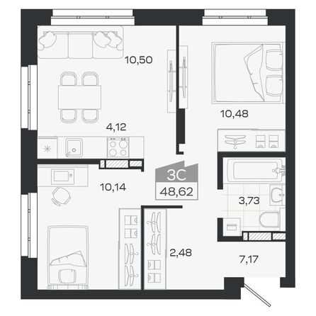 Планировка 3-комн 48,62 м²