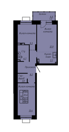 Планировка 3-комн 56,2 м²