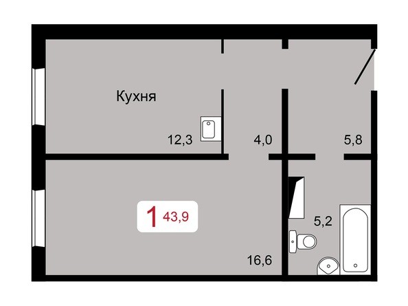 1-комнатная 43,9 кв.м