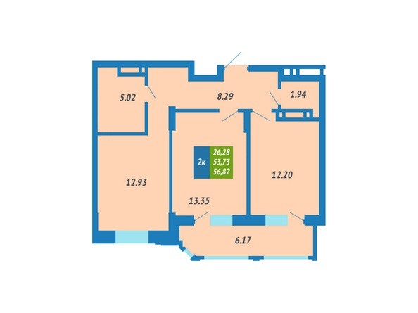 Планировка 2-комнатной квартиры 56,82 кв.м