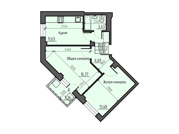 Планировка двухкомнатной квартиры 52,81 кв.м