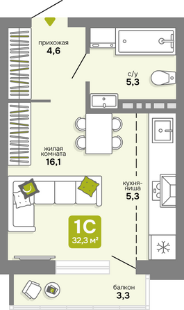 Планировка Студия 32,1 - 32,4 м²
