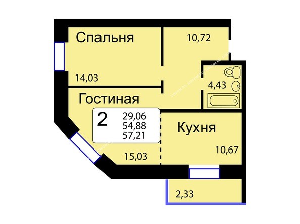 Б/С - 14. Планировка двухкомнатной квартиры 57,21 кв.м. Этажи 10-16.