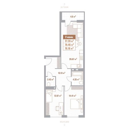 Планировка 2-комн 76,16 м²