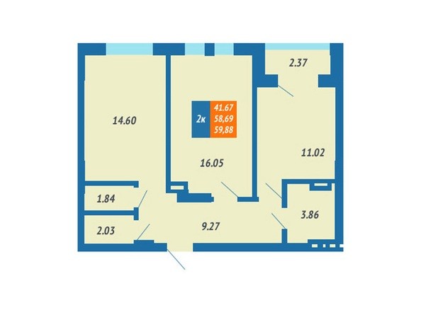 Планировка 2-комнатной квартиры 58,69 кв.м