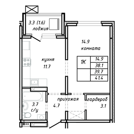 Планировка 1-комн 39,7 м²