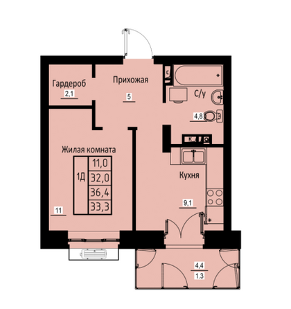 Планировка 1-комн 33,3 м²