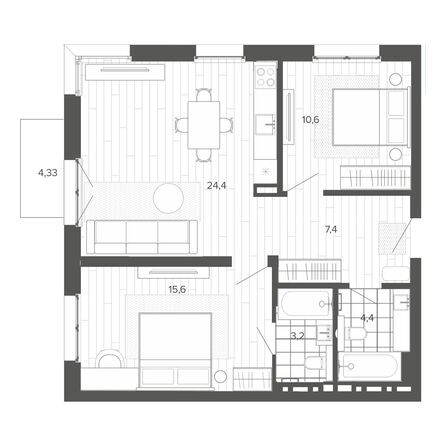 Планировка 3-комн 69,46 м²