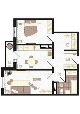 Планировка 2-комн 60,9 м²