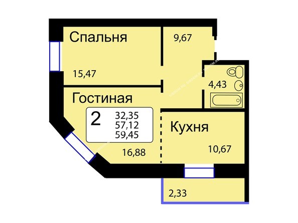 Б/С - 12. Планировка двухкомнатной квартиры 59,45 кв.м. Этажи 10-16.