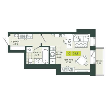 Планировка 1-комн 29,81 м²