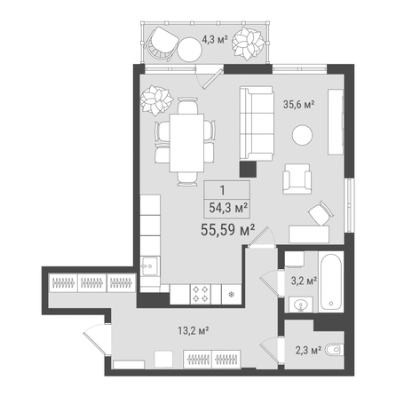 Планировка 1-комн 55,59 м²