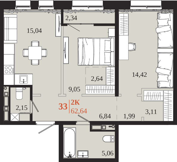 Планировка 2-комн 62,64 м²