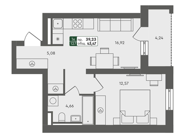 Планировка 1-комн 43,47 м²