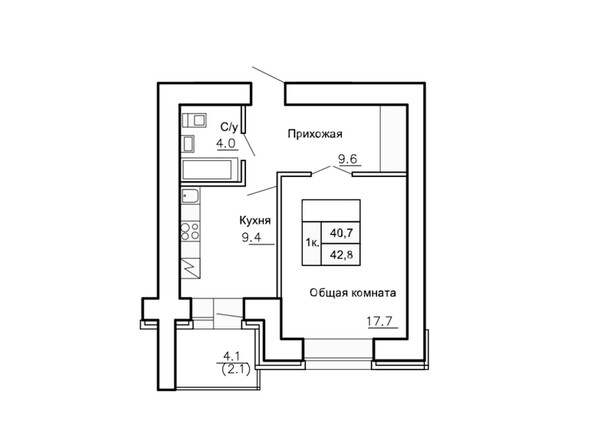 Планировка однокомнатной квартиры 42,8 кв.м