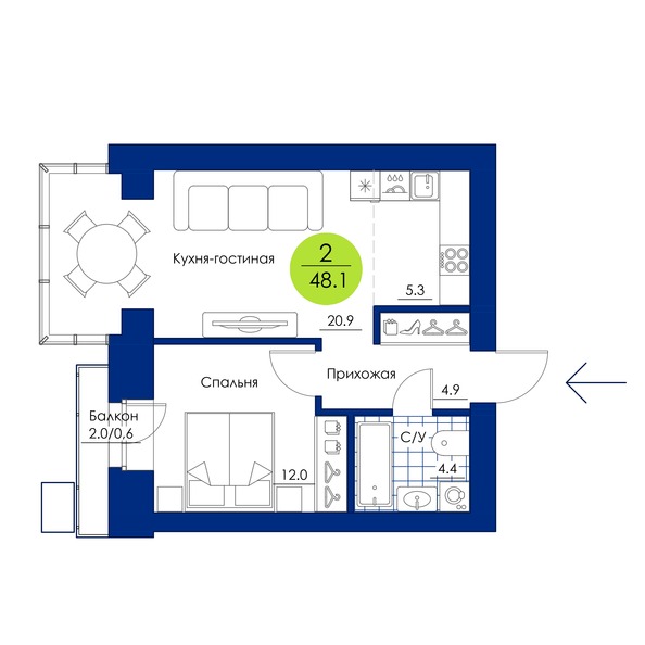 Планировка 2-комн 48,1 м²