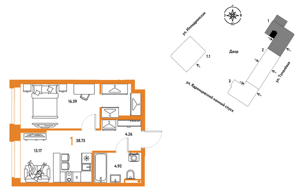 Планировка 1-комн 38,75 м²