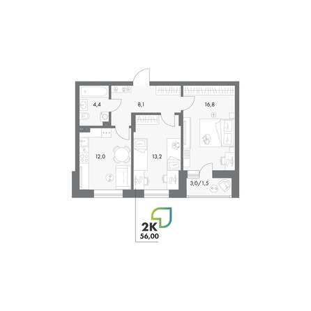Планировка 2-комн 55,5 м²