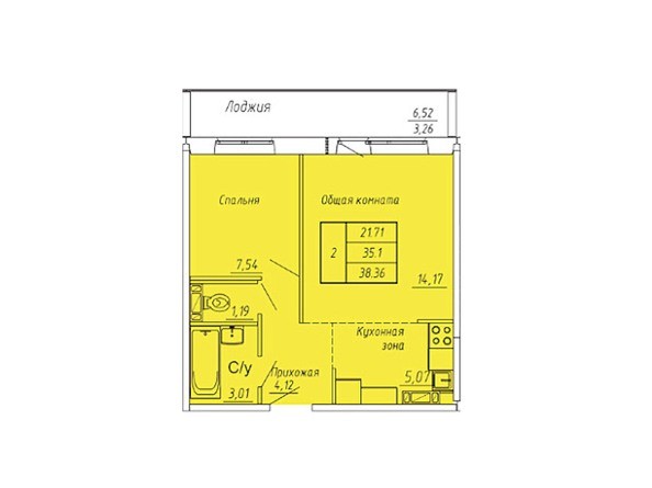 Планировка двухкомнатной квартиры 38,36 кв.м