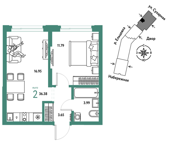 Планировка 2-комн 36,38 - 36,49 м²