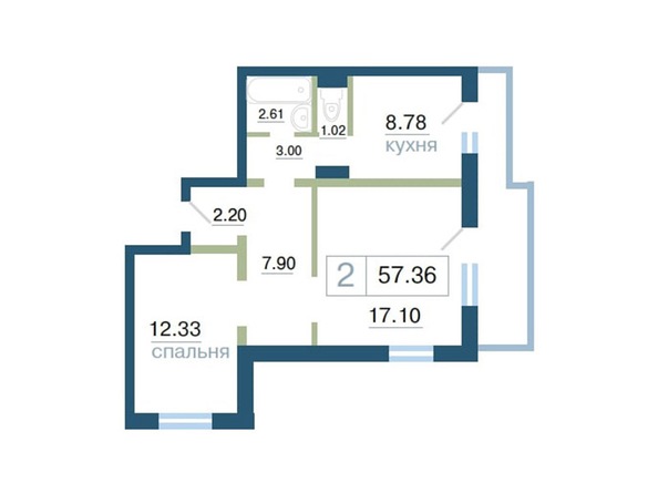 Планировка двухкомнатной квартиры 57,36 кв.м