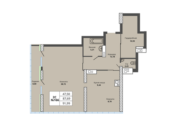 Планировка двухкомнатной квартиры 87,69 кв.м