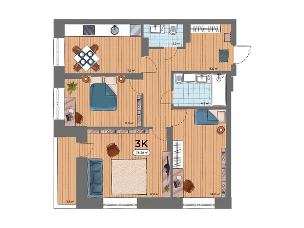 Планировка 3-комн 76,3 м²