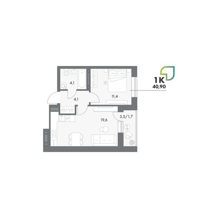 Планировка Студия 40,9, 41,3 м²