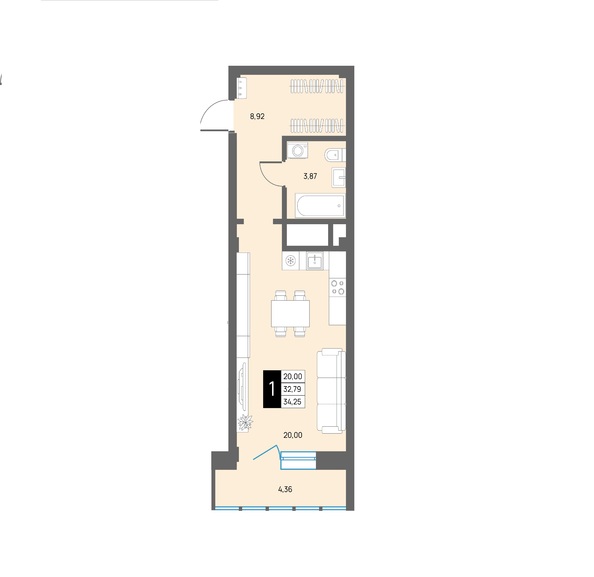 Планировка Студия 34,25 м²