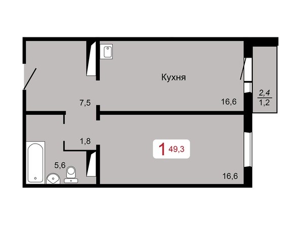 1-комнатная 49,3 кв.м