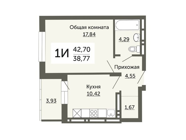 Планировка однокомнатной квартиры 38,77 кв.м