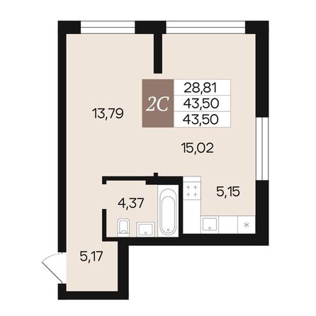 Планировка 2-комн 43,5, 43,76 м²