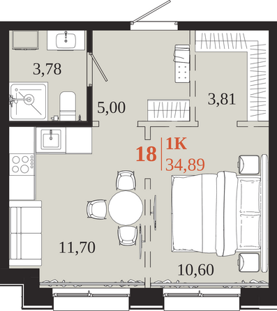Планировка 1-комн 34,88, 34,89 м²
