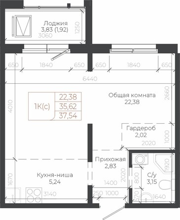 Планировка 1-комн 37,54 м²