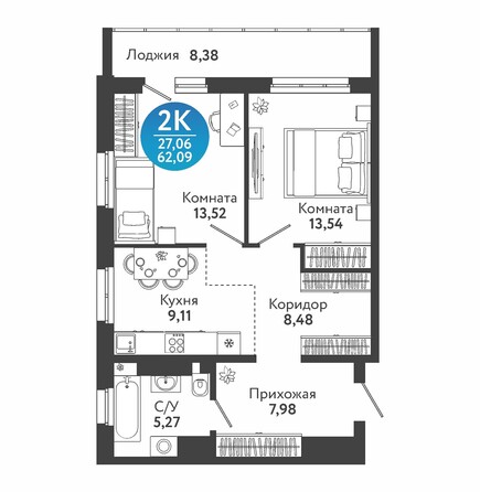 Планировка 2-комн 62,09, 62,51 м²
