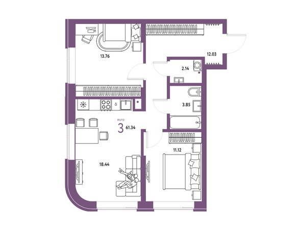 Планировка 3-комн 61,34 м²