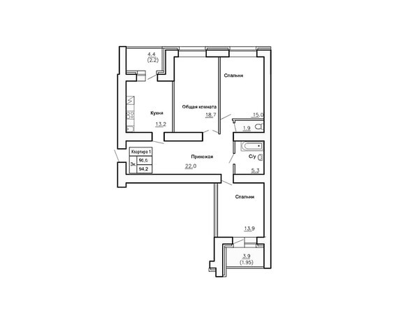 Планировка трёхкомнатной квартиры 94,2 кв.м