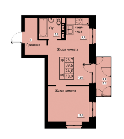 Планировка 2-комн 40,9 м²