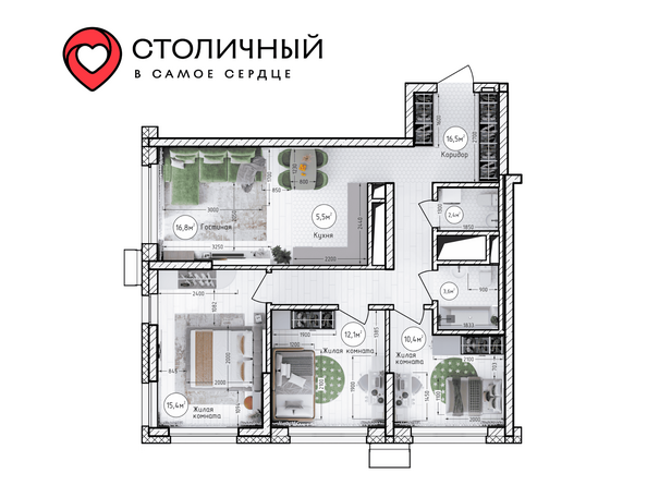 Планировка 4-комн 83 м²