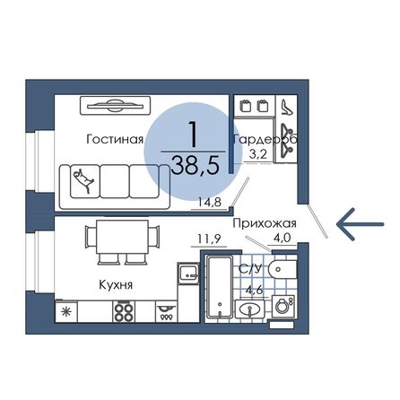 Планировка 1-комн 38,5 м²