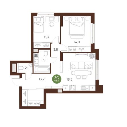 Планировка 3-комн 68,9 м²